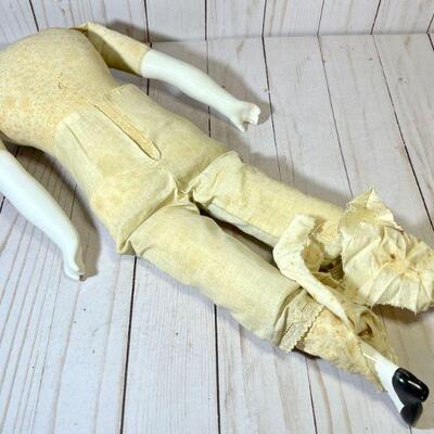 Lot 46 China Doll High Brow Black Hair Curls w/cloth Body Porcelain Hands & Feet Blue Eyes AS IS 
