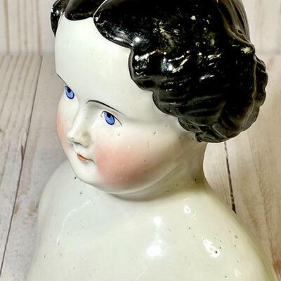 Lot 46 China Doll High Brow Black Hair Curls w/cloth Body Porcelain Hands & Feet Blue Eyes AS IS 