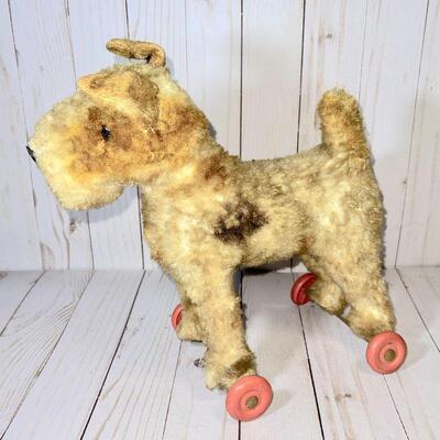 Lot 48 Vintage Stuffed Animal Dog on Wheels Airdale or Fox Terrier
