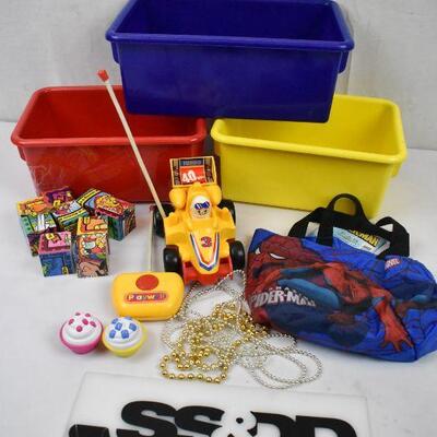 Kids Toys: 3 Organizer Bins, RC Car, Spiderman Bag, etc