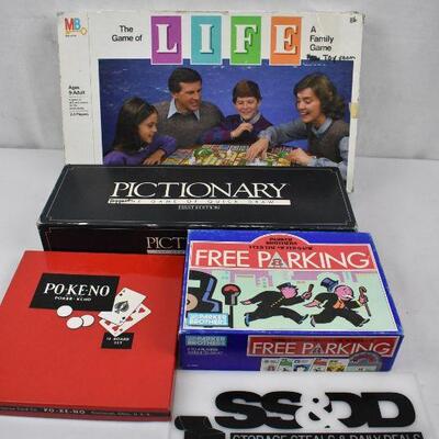 4 Board Games: Life, Pokeno, Free Parking, Pictionary