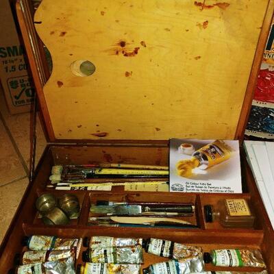 Oil Paints and box, brushes, and small canvases