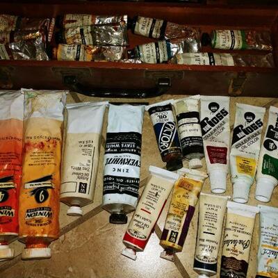 Oil Paints and box, brushes, and small canvases