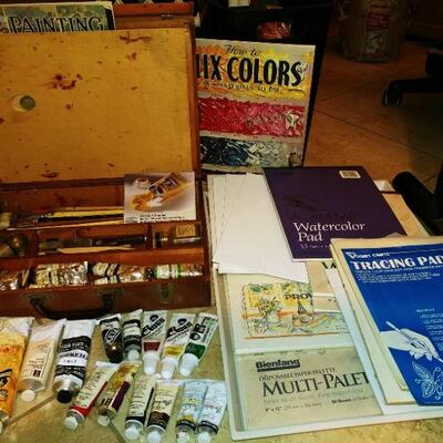 Oil Paints and box, brushes, and small canvases