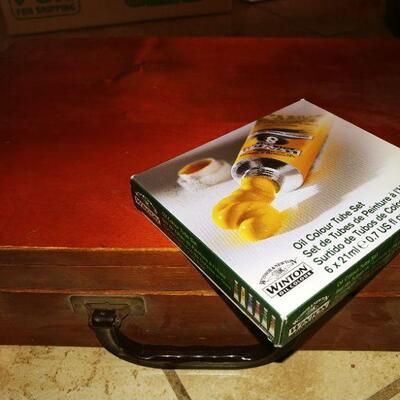 Oil Paints and box, brushes, and small canvases