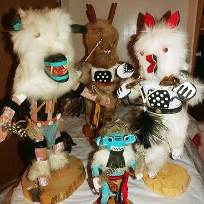 Kachinas 4 pc Wolf, Antelope, Coyote, some signed