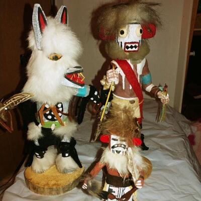 Kachinas 5 pc Wolf, Bear, Ogre, some signed
