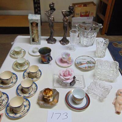 Box 173  Kewpie doll, Staffordshire china, glassware, brass candleholders