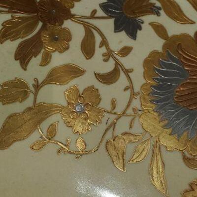 Large Vintage Bowl Gold Tone Leaves Flowers 16" diameter - Item #300