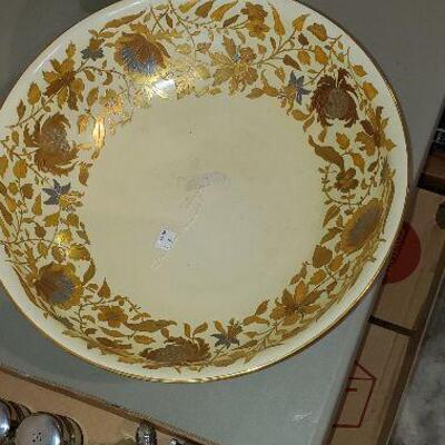 Large Vintage Bowl Gold Tone Leaves Flowers 16" diameter - Item #300