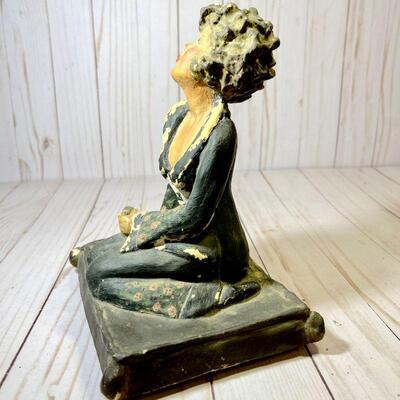 Lot 83 Chalkware Woman On Pillow 8" Tall Sexy Roses on Dress (Ester Hunt Type)