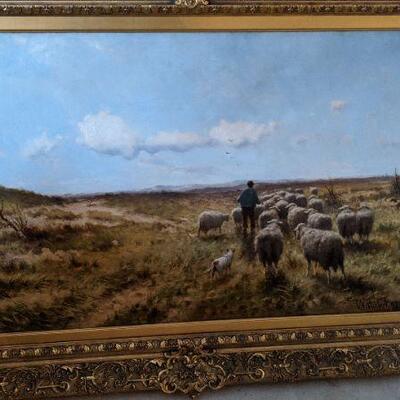 Oil Painting by Cornelis Westerbeek 1897 Shepherd with flock of sheep