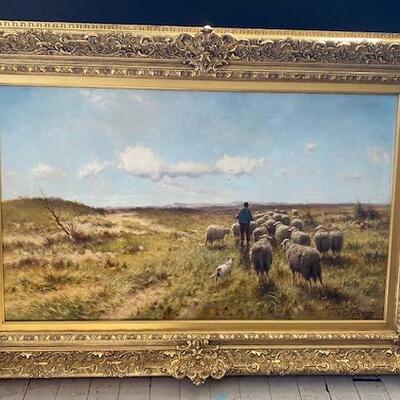 Oil Painting by Cornelis Westerbeek 1897 Shepherd with flock of sheep