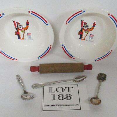 2 Kelloggs Tony the Tiger Bowls, Toy Rolling Pin, Oneida Peter Rabbit Spoon, Gerber Baby Childs Spoon, W German Spoon