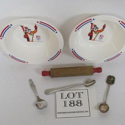 2 Kelloggs Tony the Tiger Bowls, Toy Rolling Pin, Oneida Peter Rabbit Spoon, Gerber Baby Childs Spoon, W German Spoon