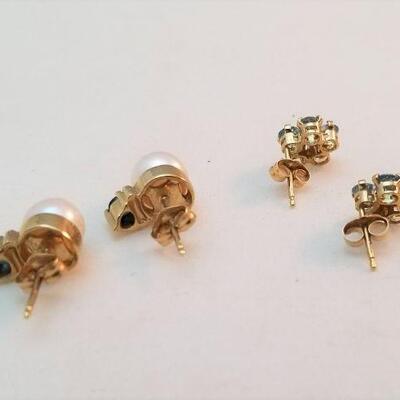 Lot #68  Two Pair of 14kt Gold earrings - pearls/blue topaz