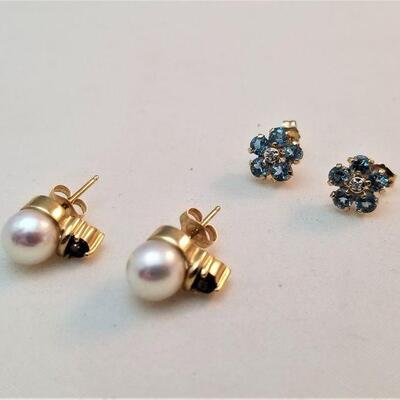 Lot #68  Two Pair of 14kt Gold earrings - pearls/blue topaz