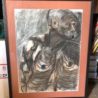 Lot 89 Pastel Drawing by Long Beach Artist Sid Hoskins Framed "Man With Mustache"