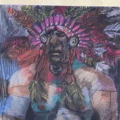 Lot 90 Pastel Drawing by Long Beach Artist Sid Hoskins Framed "Headdress"