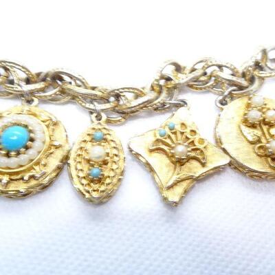 Fun Chunky Gold Tone Charm Bracelet, Royalty, Crests, Crown
