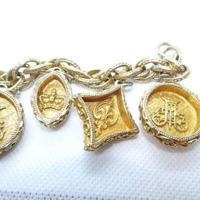 Fun Chunky Gold Tone Charm Bracelet, Royalty, Crests, Crown