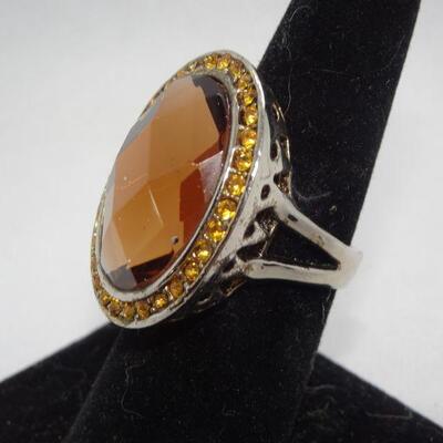 Silver & Amber Tone Rhinestone Ring 