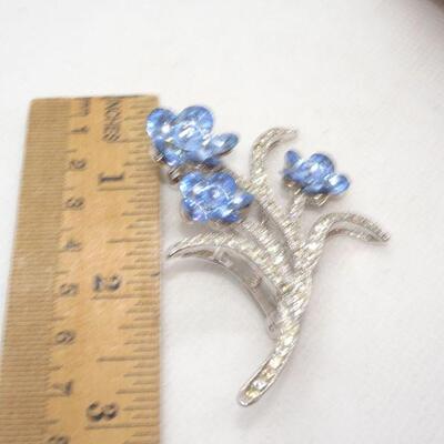 Silver Tone Blue Flower Pin, Rhinestone