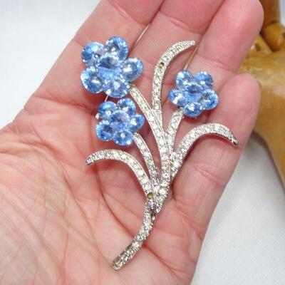 Silver Tone Blue Flower Pin, Rhinestone