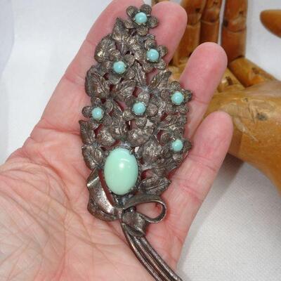 Oversized Floral Pin, Faux Turquoise Accents 