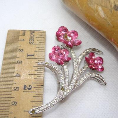 Silver Tone Pink Rhinestone Flower Pin 