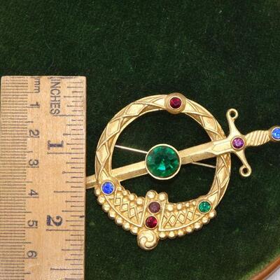 Celtic Kilt Pin, Gold Tone Rhinestone Sword Pin 