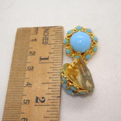 Gold Tone Teal Button Style Clip Earrings 