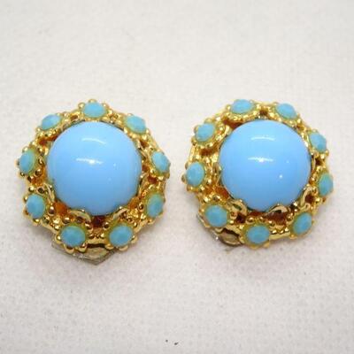 Gold Tone Teal Button Style Clip Earrings 