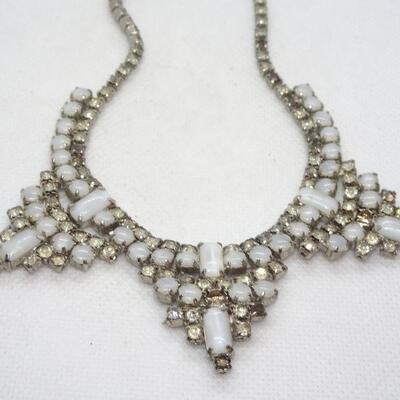 Pearl Opalescent Milk Glass Rhinestone Necklace 