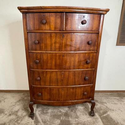 Ribbon Striped Mahogany Claw Foot Vintage Chest of Drawers 