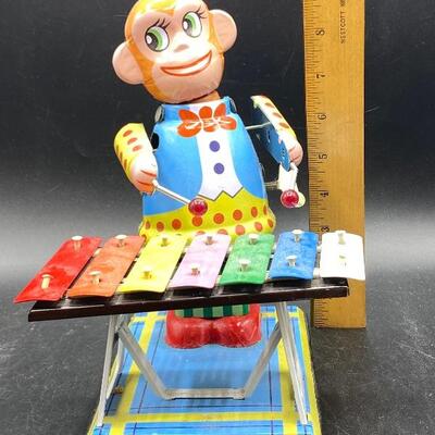 Monkey Playing Xylophone Large Clockwork Wind-Up Tin Toy