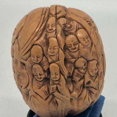 Antique Chinese Hedaio Walnut Carving, Buddha, Monk Faces