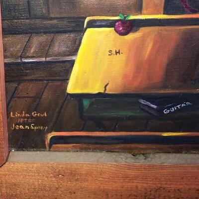 Lot 106 Vintage Acrylic Painting Old Fashioned School Room w/ Rustic Frame Artist Signed