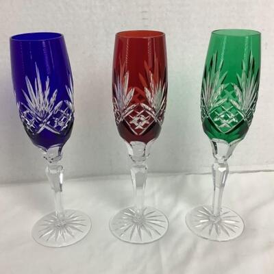 2165 Three Vintage Colored Cut Crystal Champagne Flutes