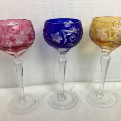 2167 Three Vintage Colored Cut Crystal Wine Glasses