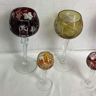 2168 Four Vintage Colored Cut Crystal Wine Glasses and Two Cordials