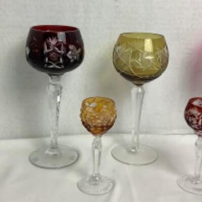 2168 Four Vintage Colored Cut Crystal Wine Glasses and Two Cordials