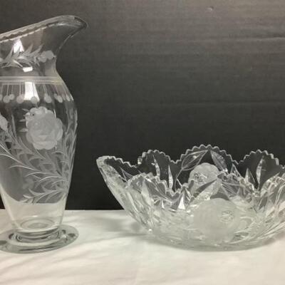 2171 Vintage Cut Etched Rose Pattern Glass Pitcher and Bowl