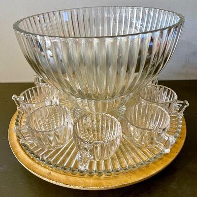 Lot 130 Vintage Heisey Ribbed Glass Punch Bowl w/ Pedestal / Underplate / Lazy Susan Stand & 9 Glasses
