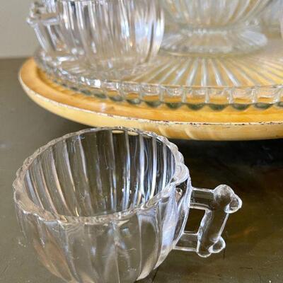 Lot 130 Vintage Heisey Ribbed Glass Punch Bowl w/ Pedestal / Underplate / Lazy Susan Stand & 9 Glasses