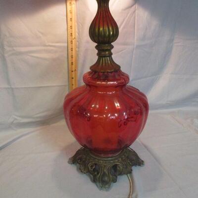 Lot 87 - Cranberry Glass Velvet Shade Lamp LOCAL PICK UP ONLY