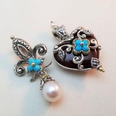 Lot #107  2 beautiful enhancer/pendants - Barbara Bixby - sterling with Turquoise & Pearl accents
