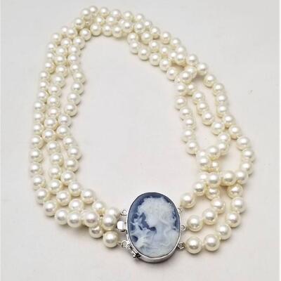 Lot #110  Beautiful 3 strand Cultured Pearl Necklace with Cameo set in Sterling