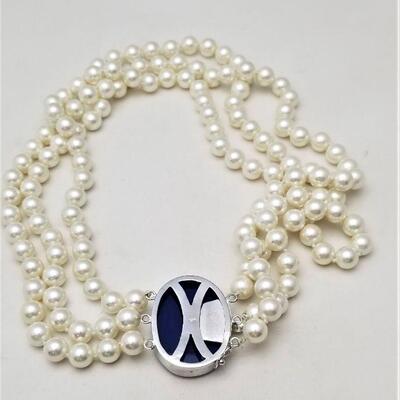 Lot #110  Beautiful 3 strand Cultured Pearl Necklace with Cameo set in Sterling