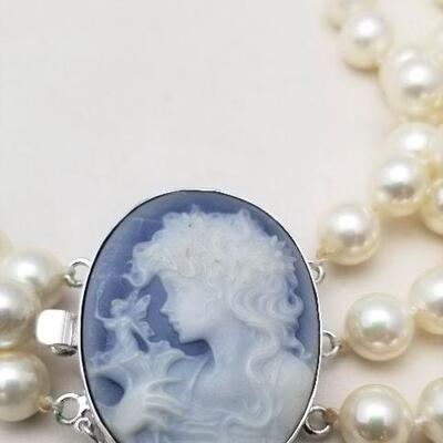 Lot #110  Beautiful 3 strand Cultured Pearl Necklace with Cameo set in Sterling